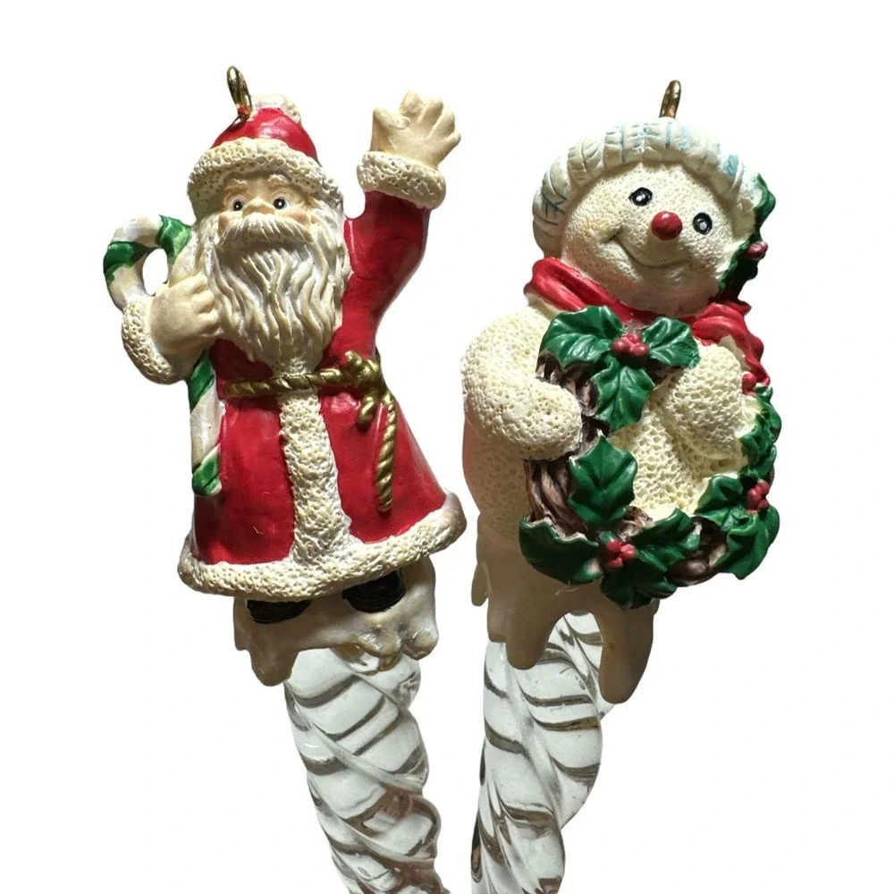 AVON Icicle Fun Ornaments Set of 2 - Vintage 1995 - Snowman & Santa Clear Icicle